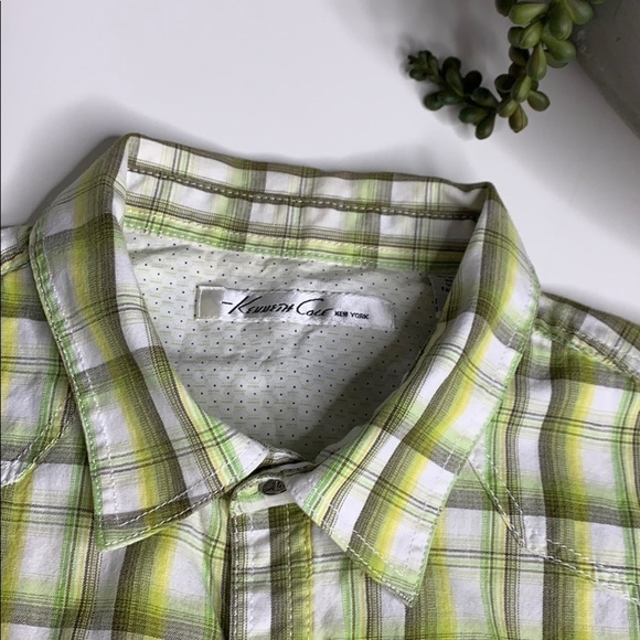 Kenneth Cole NY Short Sleeve Plaid Button down top lime green small - Picture 3 of 7